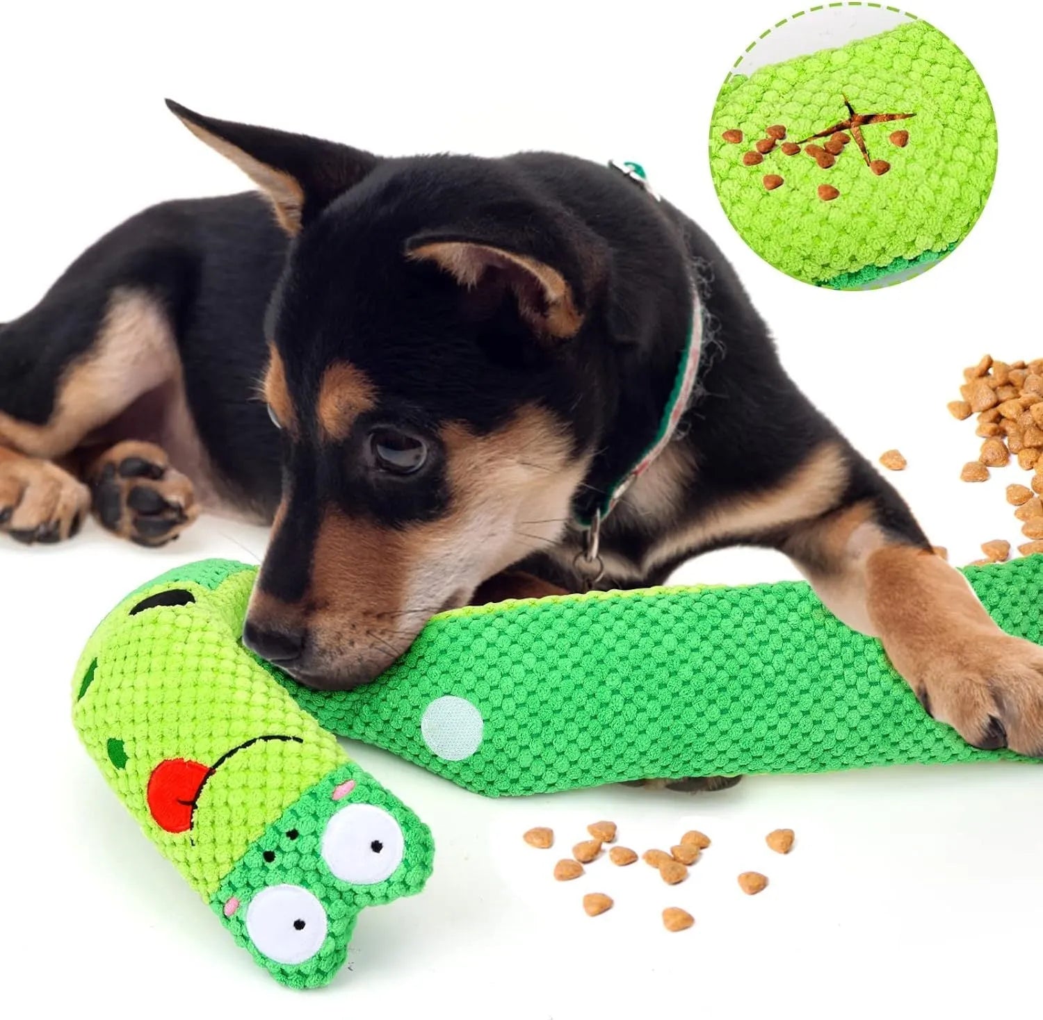 Squeaky dog toy in frog, snail or snake design with hidden food holes for foraging training