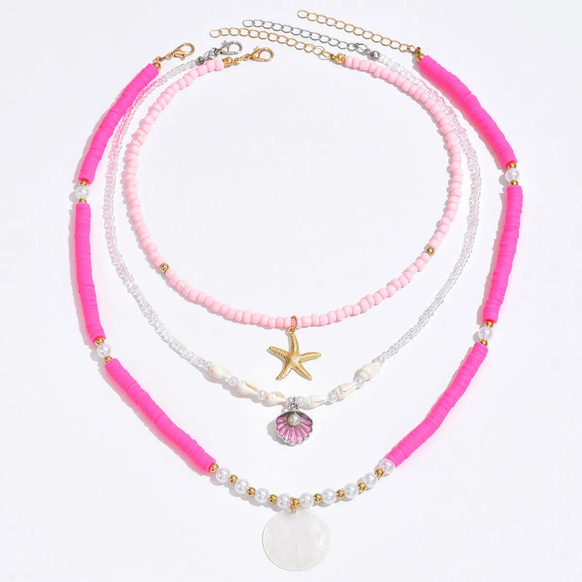 Polymer clay beaded multi-layer necklace with geometric alloy pendant, adjustable 41-50cm, for women