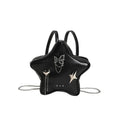 Black PU leather street style backpack with a detachable star-shaped butterfly pendant and chain strap.