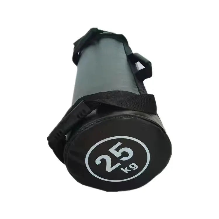 Flat white PVC fitness training sandbag shown in a gym setting for strength and conditioning workouts.