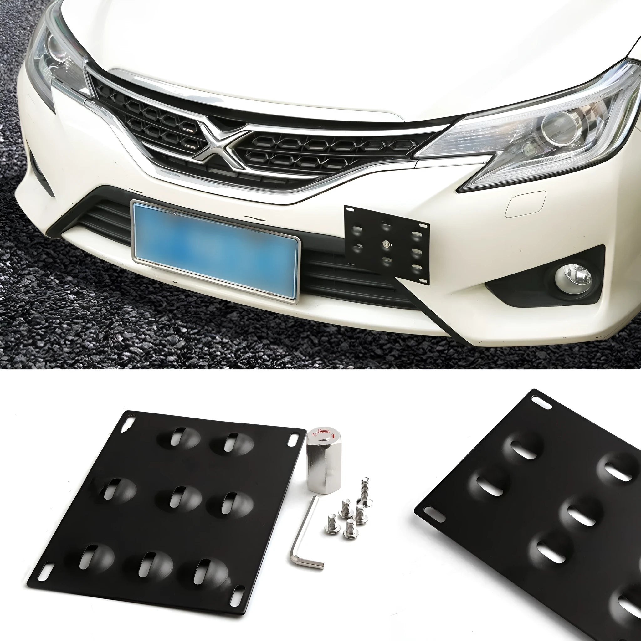 American-style metal licence plate frame with integrated trailer hook for vehicle modification