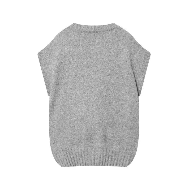 Women's gray knitted oversized vest sweater with contrast stripes, front view, pullover style