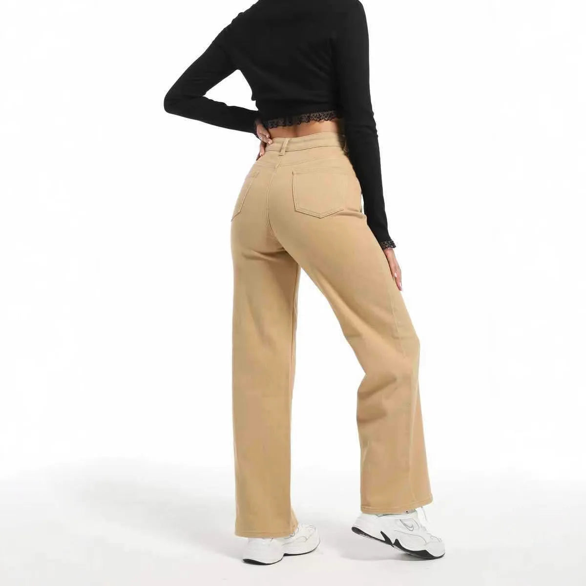 Women's apricot high-waist wide-leg straight jeans made from stretch cotton.