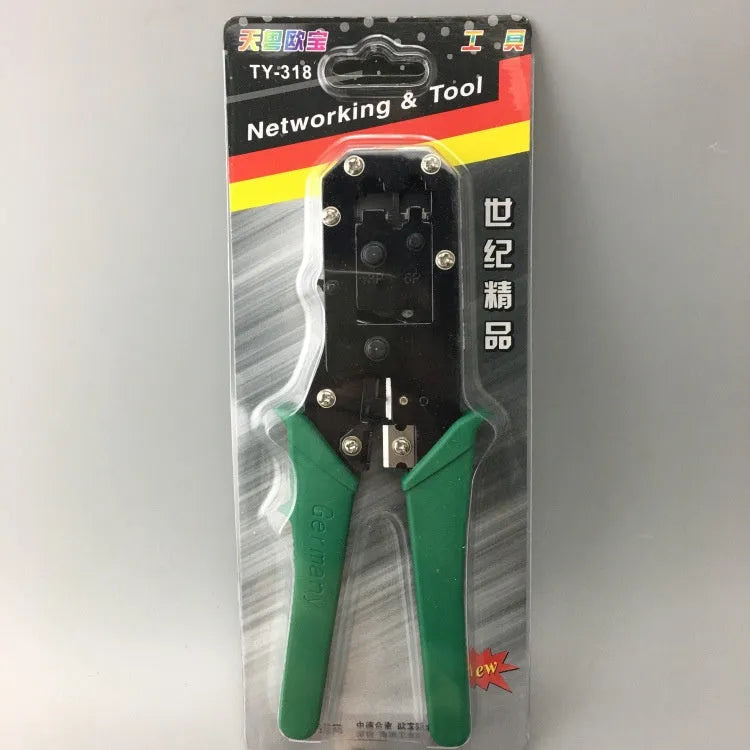 Green dual-purpose crystal head net pliers with tool steel crimping jaws on a white background