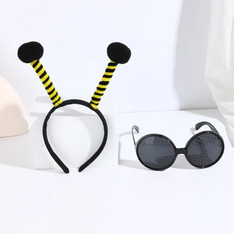 Yellow and black bee costume headband and glasses set made from cloth