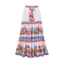 Women's printed polyester one-piece swimsuit with skirt in blue, pink, white or red designs.