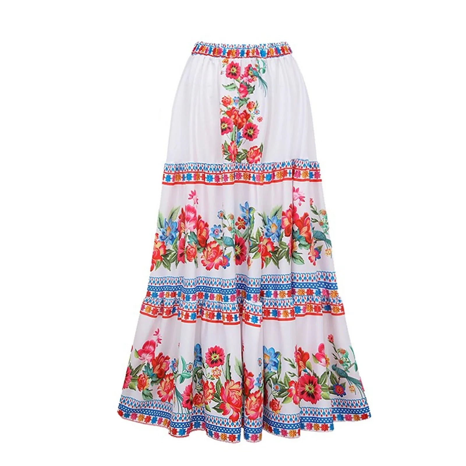 Women's printed polyester one-piece swimsuit with skirt in blue, pink, white or red designs.