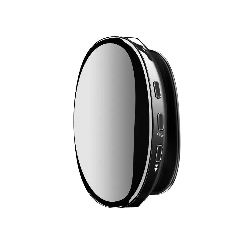 Blue Bluetooth MP4 music player with OLED display showing track info, placed next to headphones.