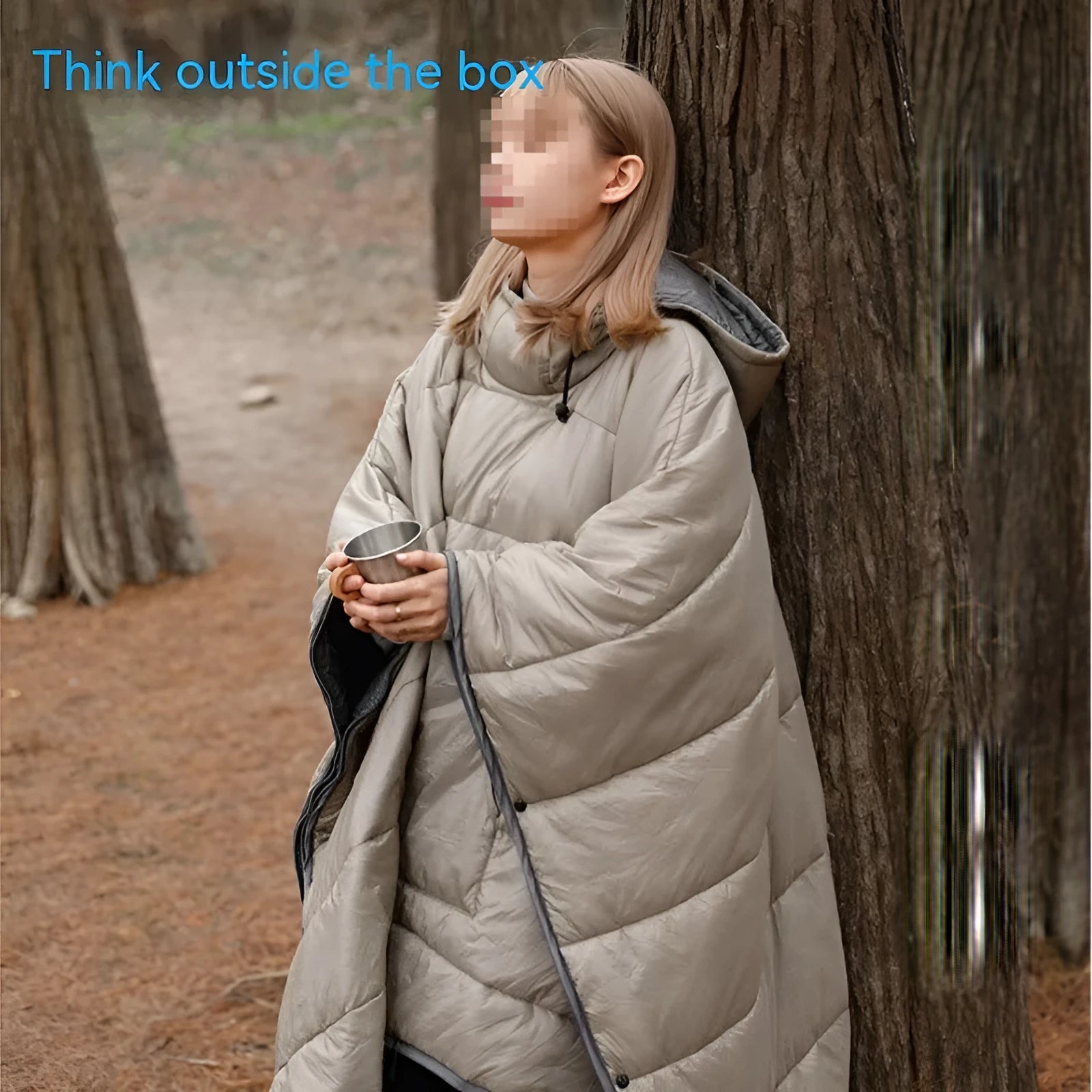 Army Green outdoor cloak sleeping bag worn as a cape, showing its 200x140cm size and nylon fabric.