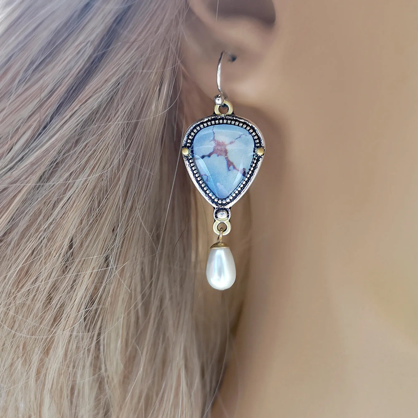 Retro blue electroplated drop earrings with geometric shape, synthetic blue opal and white pearl accents