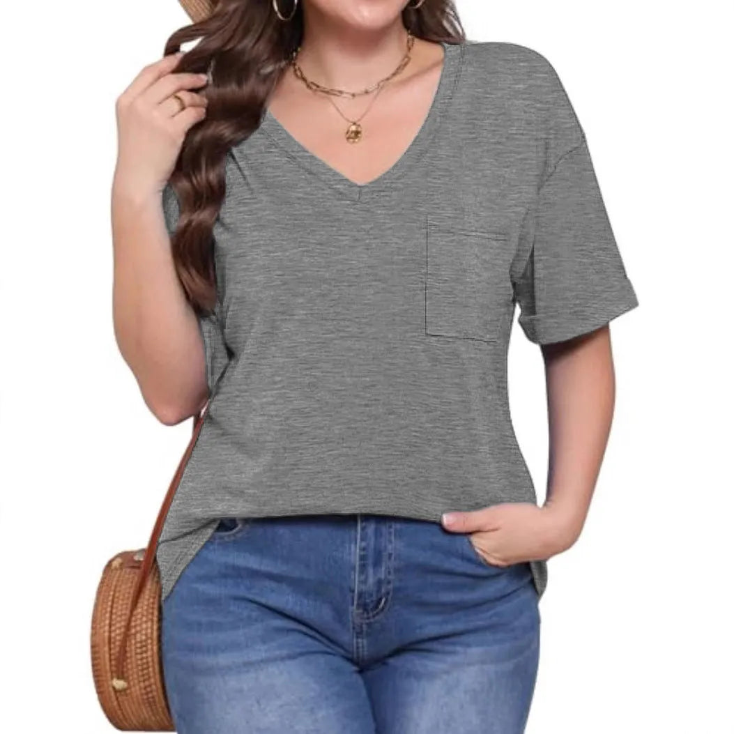 Grey loose fit V-neck T-shirt with short sleeves and a front chest pocket.
