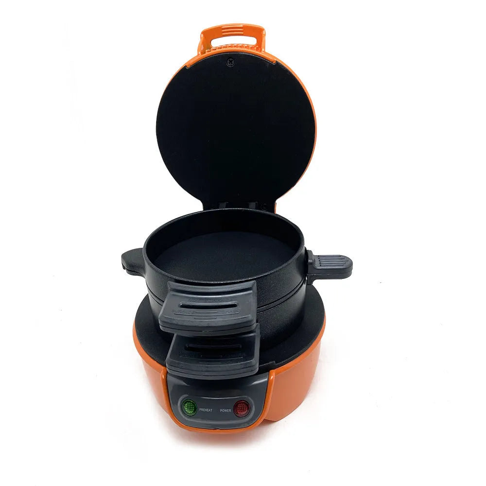 Bright red breakfast sandwich maker with egg cooker ring and waffle plate on kitchen counter