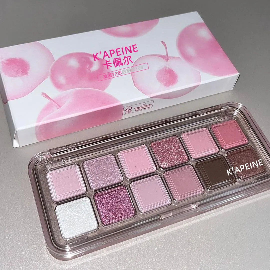 Makeup eyeshadow palette showing twelve different colours in compact case
