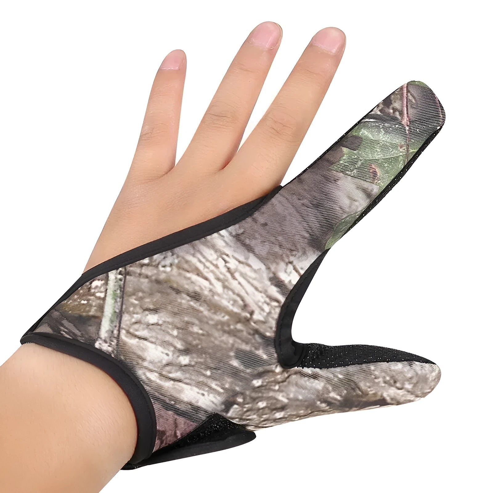 Two finger fishing glove showing diving cloth back and microfiber palm, available in left or right hand.