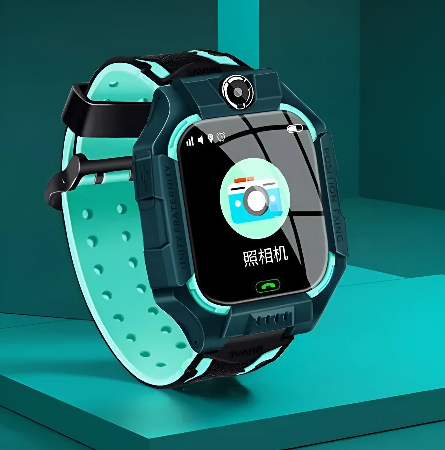 Children's smart phone watch with positioning and waterproof design in blue colour showing touch screen and wrist strap