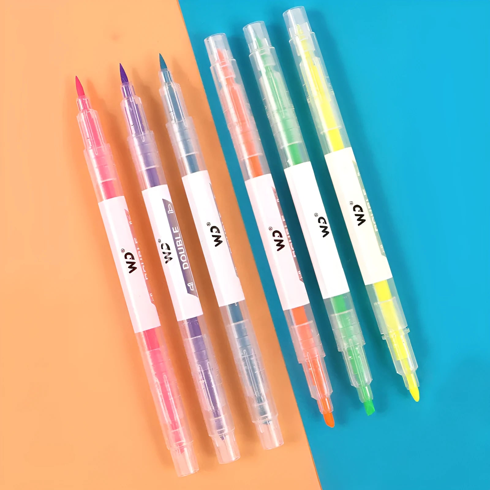 Six double-headed highlighter pens showing round and oblique tips in six different colours