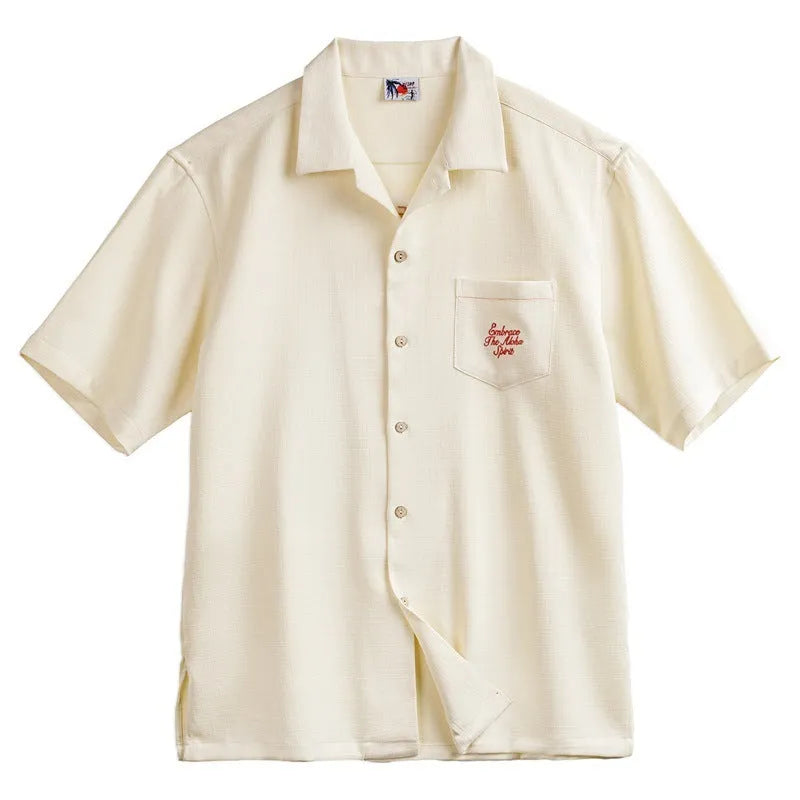 Light apricot Cuban collar shirt with bamboo floral pattern for men