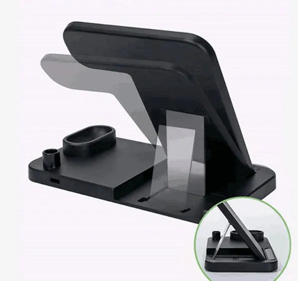 4-in-1 wireless charging station with phone, Apple Watch, and AirPods on adjustable magnetic stand