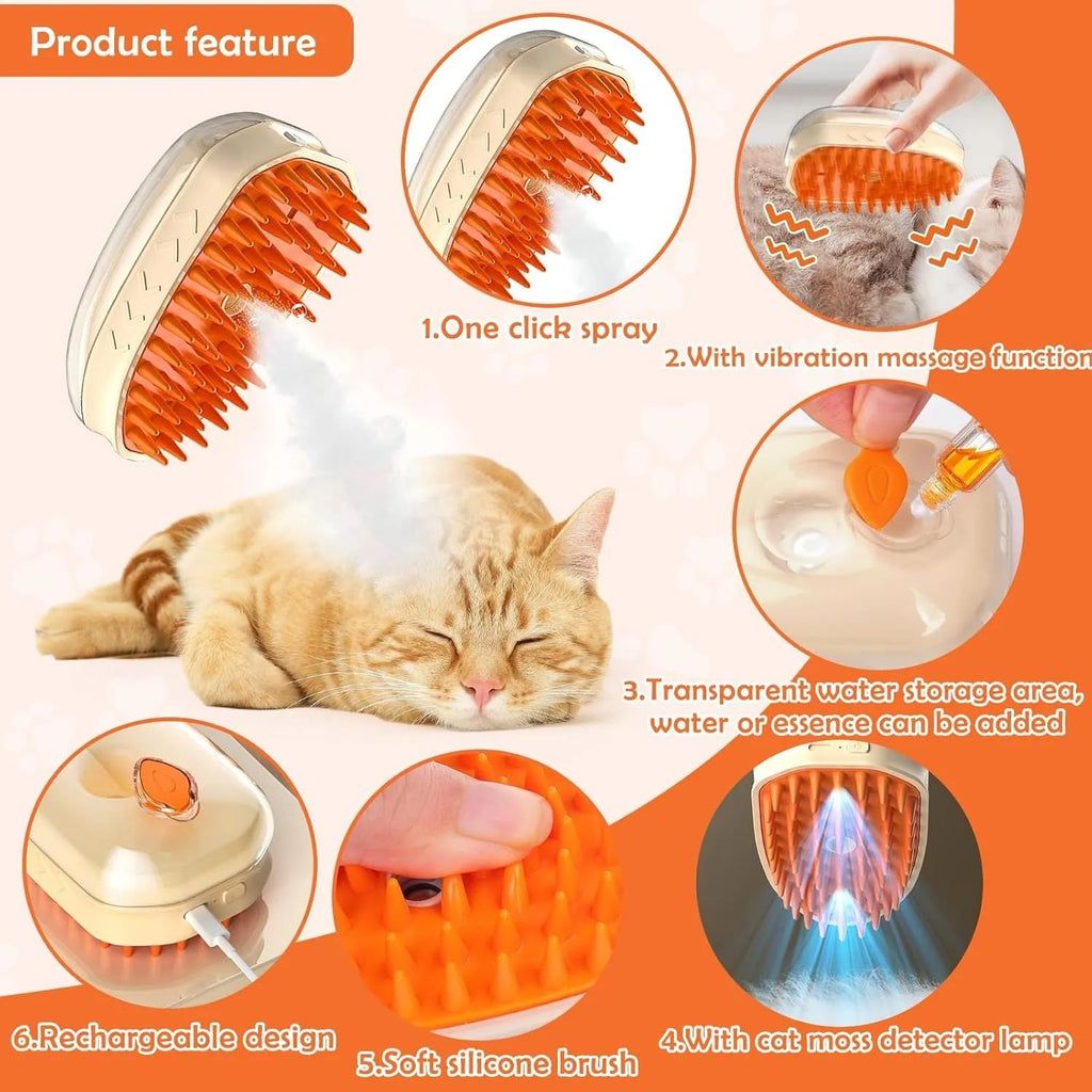 Yellow multifunctional cat steam brush with silicone teeth, water tank, and UV lamp.