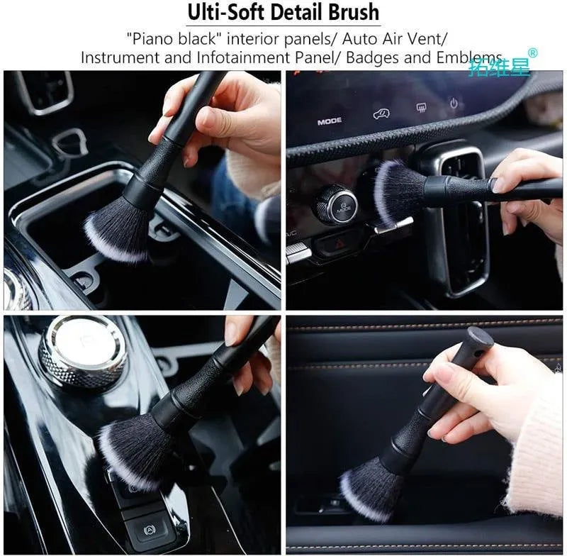 Black car detailing brush with ultra-soft pig hair bristles in two size options for gentle interior cleaning