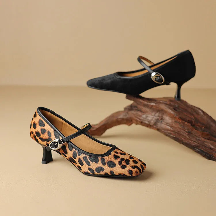 Women's black square toe stiletto heel ankle-strap shoes with horse hair uppers and buckle closure