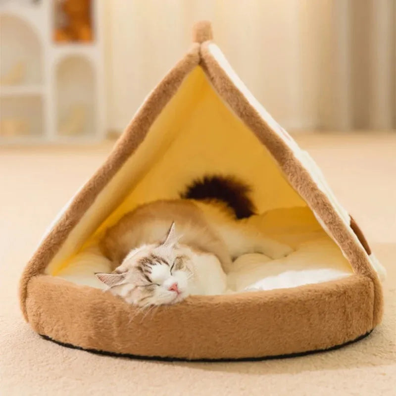 Green winter cat tent for pets with a soft blanket inside, shown in a medium size.
