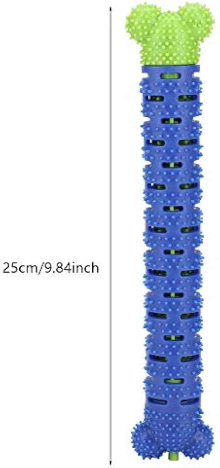 Blue green silicone dog dental cleaning stick with brush bristles and massage nodules, 25cm long