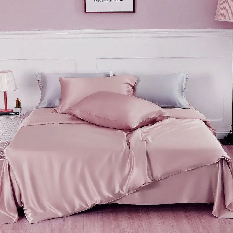 Silk duvet cover in six colour options showing double-sided bedding construction