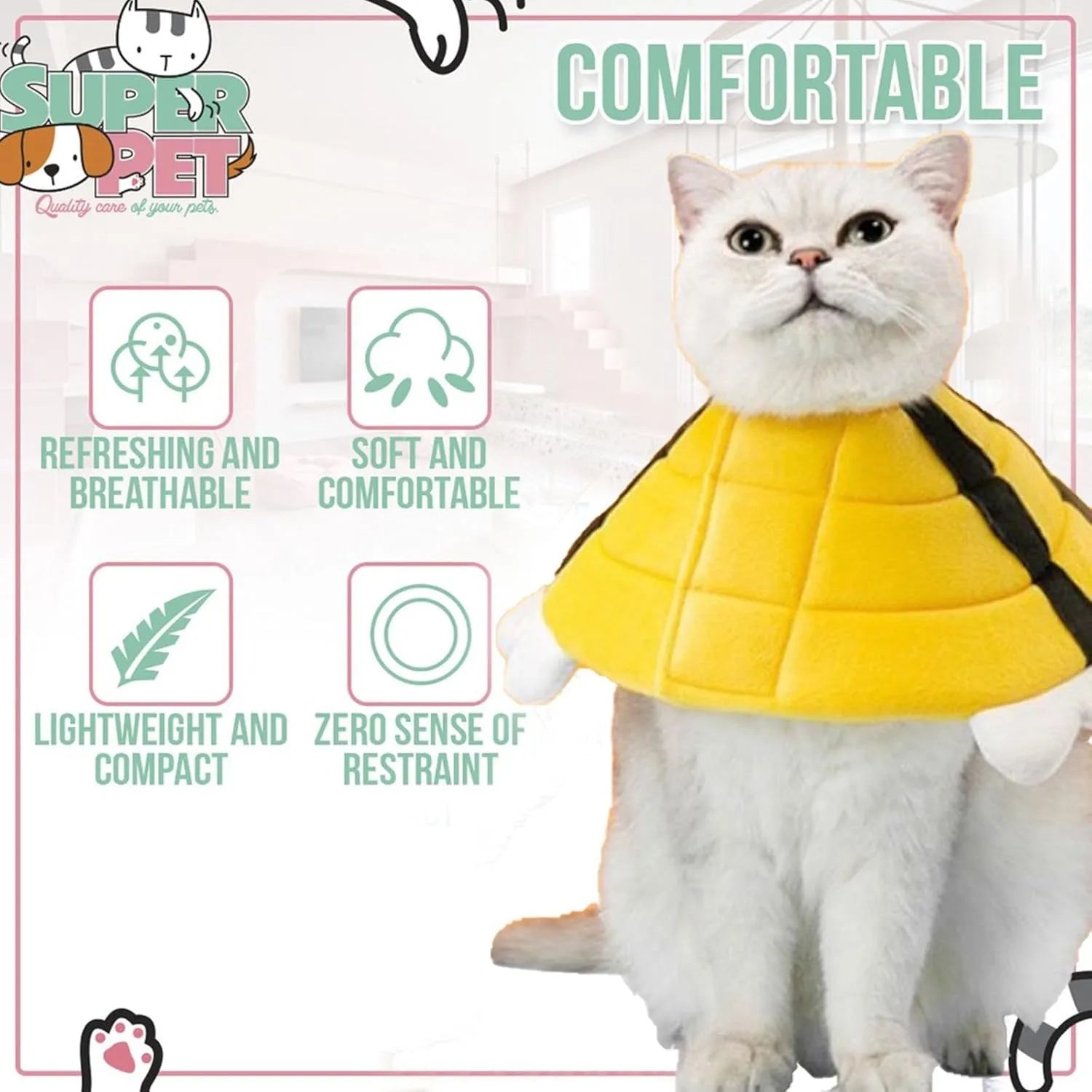 Soft grey cat cone collar with black velcro strap and a cute yellow bee design on the front.