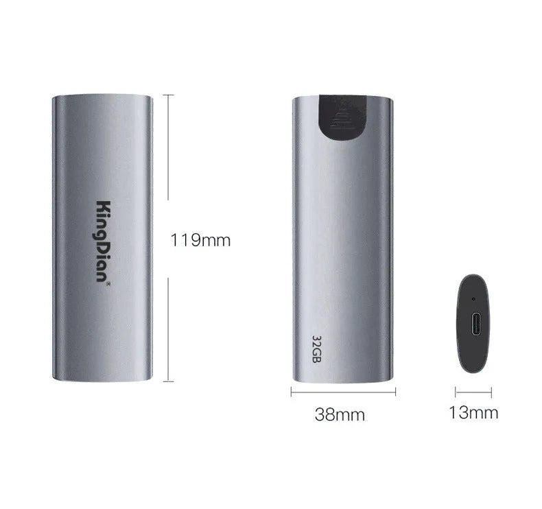 Grey mobile SSD hard drive with USB 3.0 connector for phones and computers.