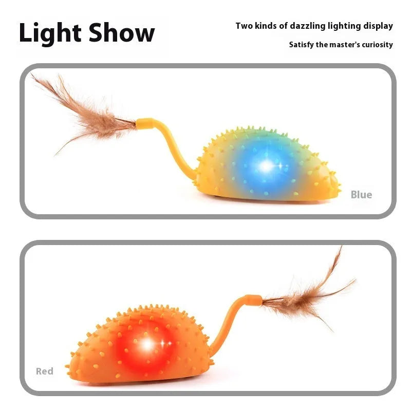 Remote control silicone mouse cat toy with USB cable and feather attachment in cyan colour
