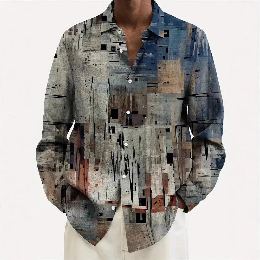 Man wearing a loose fit long sleeve Hawaiian floral print cardigan shirt.