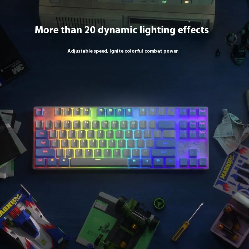 Wireless Bluetooth mechanical keyboard with a metal base in purple-white or blue-white colour options.