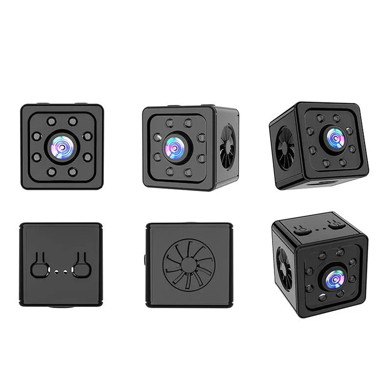Black cubic network camera on a mounting bracket for indoor HD video monitoring.