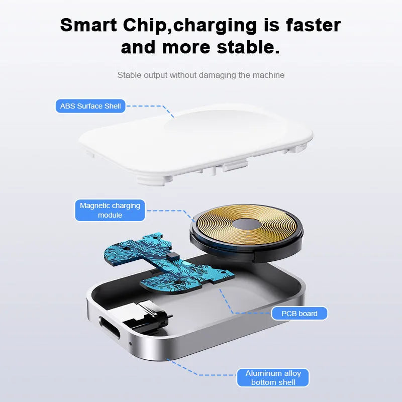 Compact black three-in-one magnetic wireless charger for iPhone, Apple Watch and AirPods.