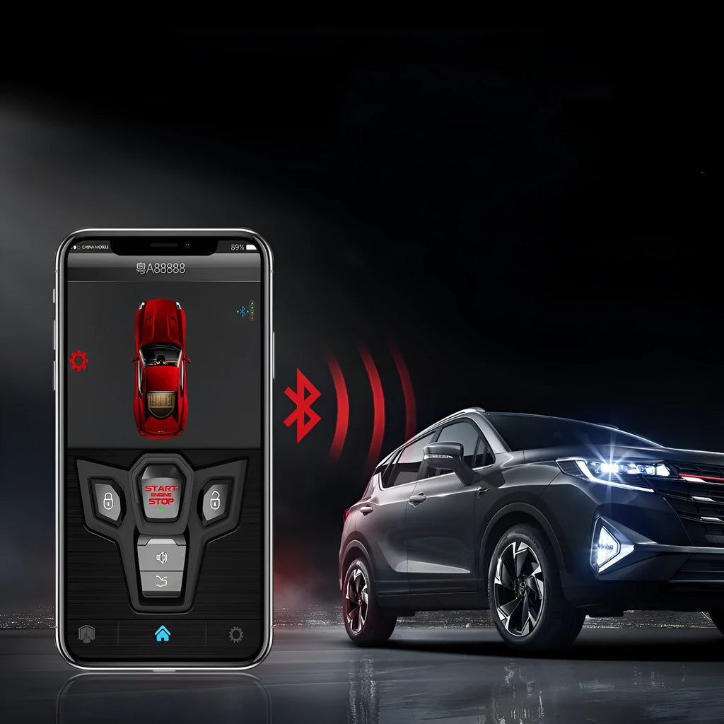 Red and black one-way remote car alarm system with two remotes for 3000m range vehicle security.