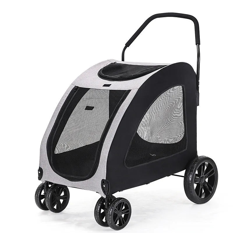 Grey foldable pet stroller for medium to large dogs with metal frame and cloth body