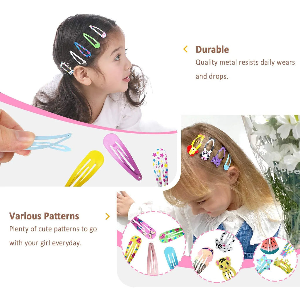 100 piece metal hair clip set with candy colour cartoon designs including animals, fruits, crowns and stars