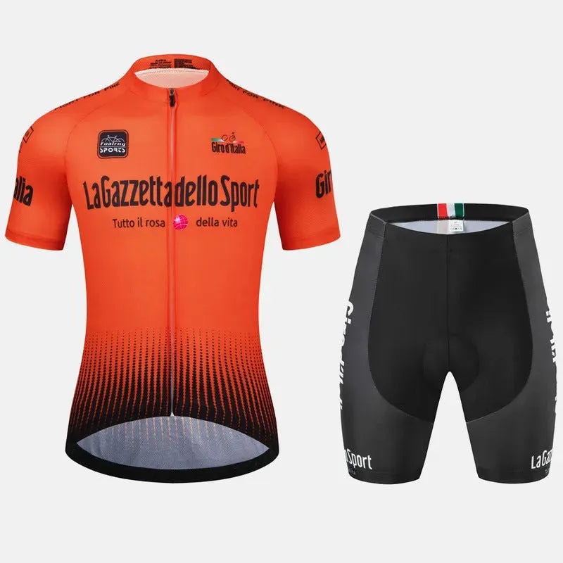 Short sleeve cycling jersey in a coloured pattern, showing its quick-dry fabric and fit for road biking.
