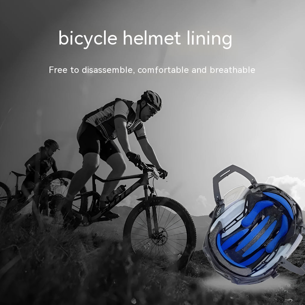 Cycling helmet breathable sponge liner with velcro chin strap in blue, black, red, and grey colours.