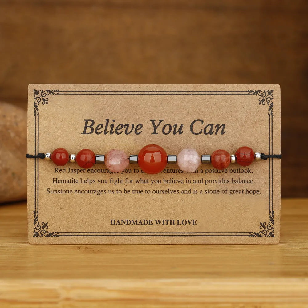 Red geometric bead crystal bracelet with sunstone, redstone and copper elements
