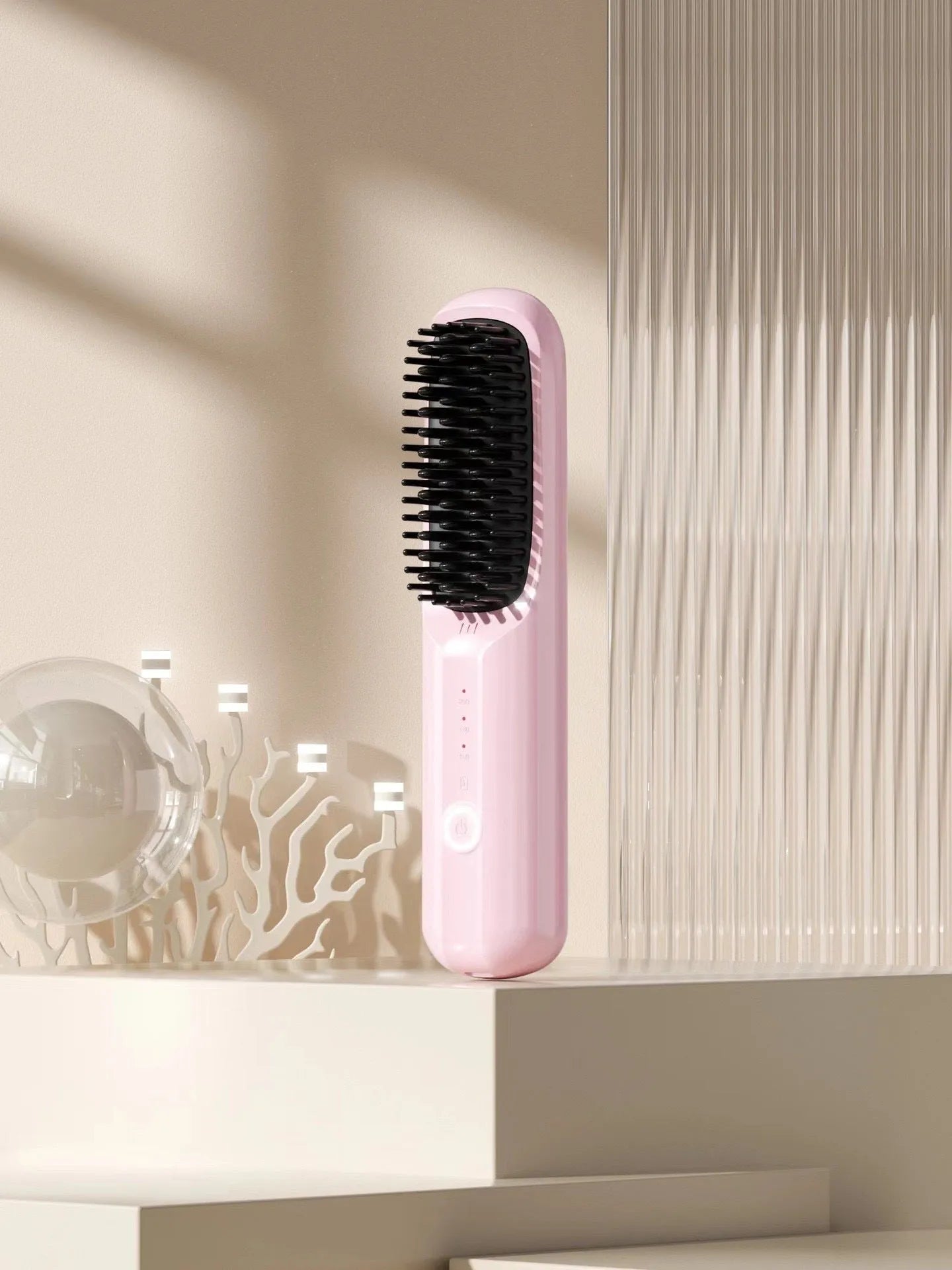 Beige wireless anion hair straightening comb with ceramic plates and Type-C charging port