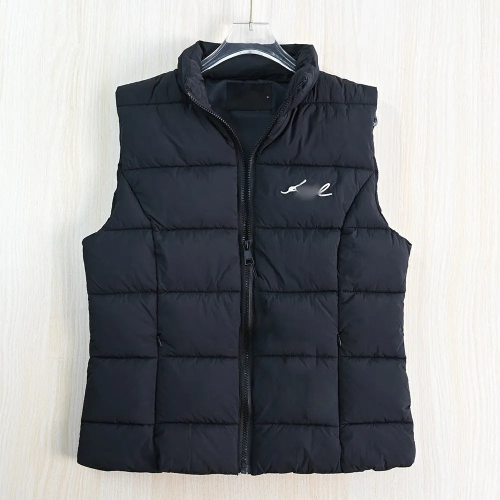 Women's solid colour stand collar quilted vest in navy blue, slim fit, with side pockets
