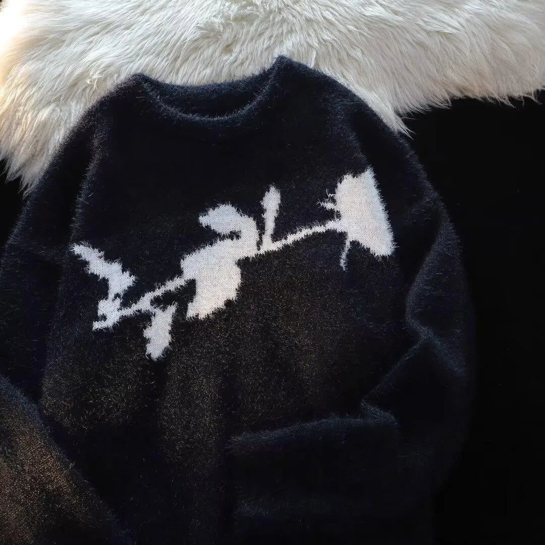 Men's black pullover sweater with a detailed flocking horse graphic in an American dark rose design.
