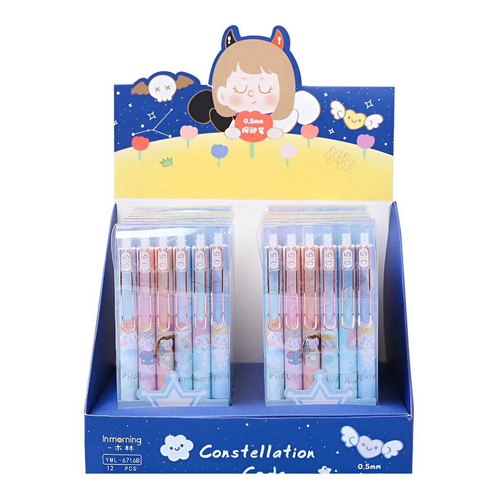 Six cartoon constellation press gel pens with 0.5mm tips showing constellation designs