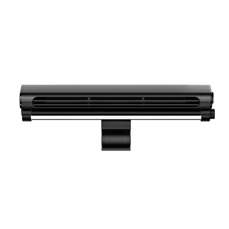 Black USB-powered bladeless clip-on fan with integrated lighting lamp attached to a laptop screen.