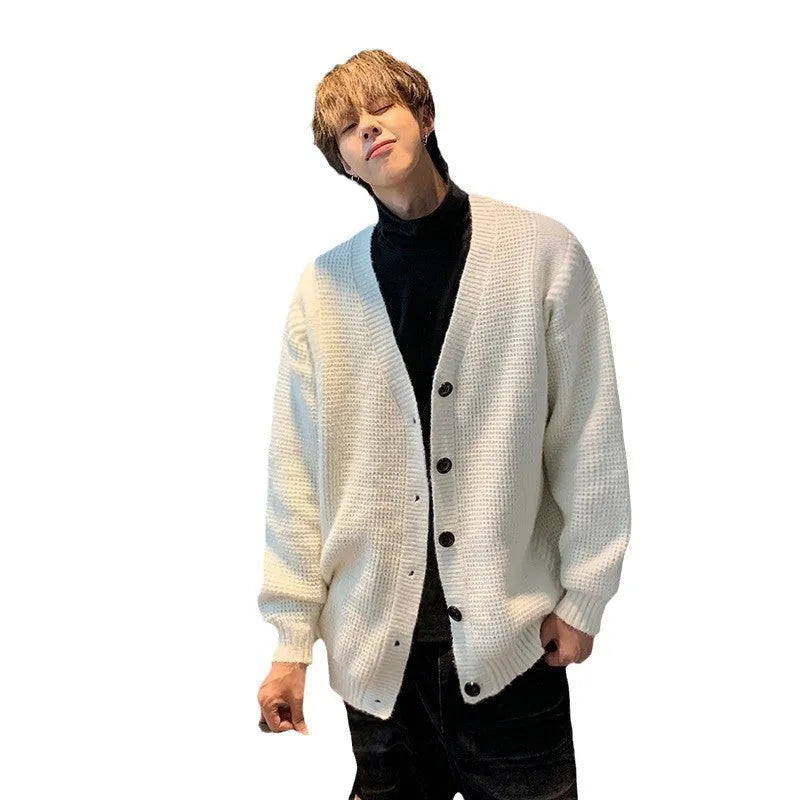 Men's retro simple solid colour V-neck cardigan sweater in cotton blend fabric