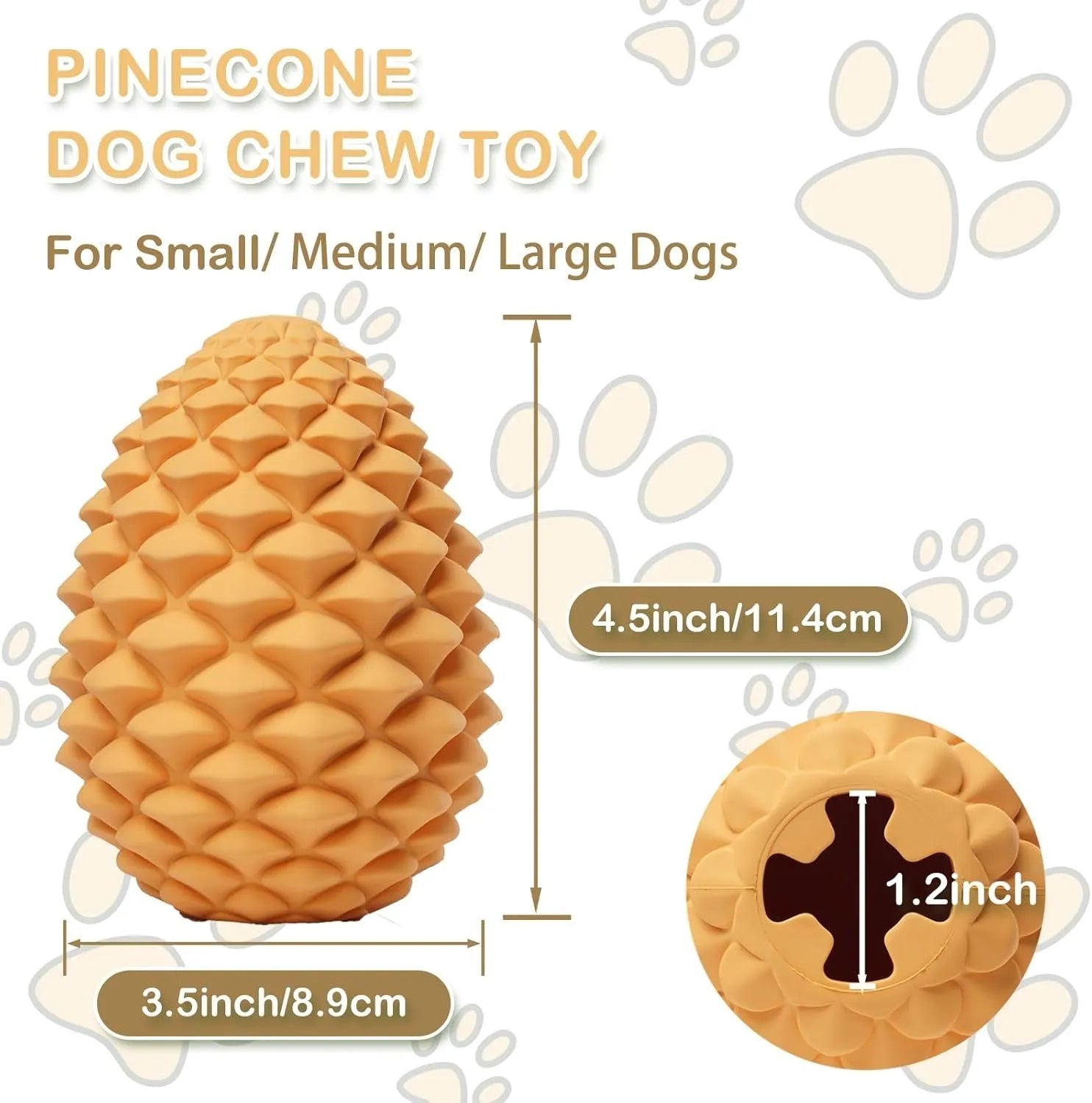 Yellow natural rubber pine cone-shaped dog toy with textured surface and treat dispenser hole.