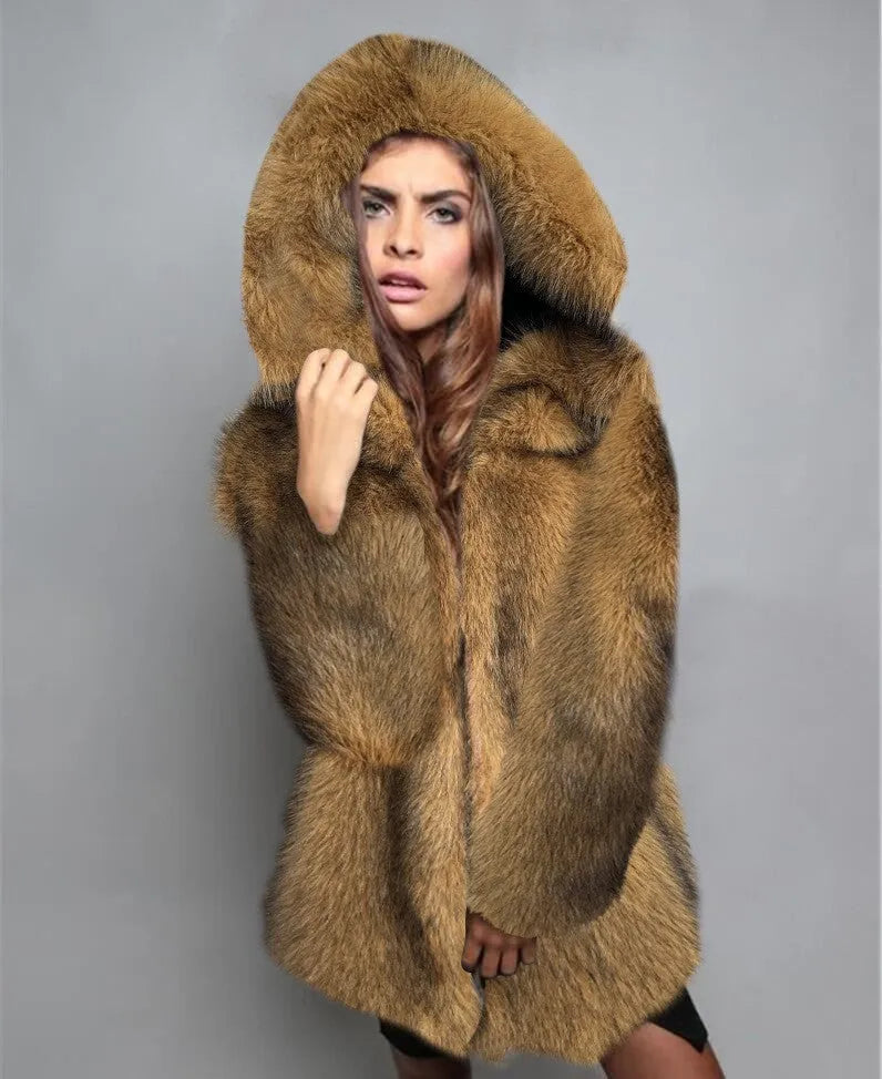 Women's silver grey artificial fur coat with mid-length 65cm design and regular sleeves