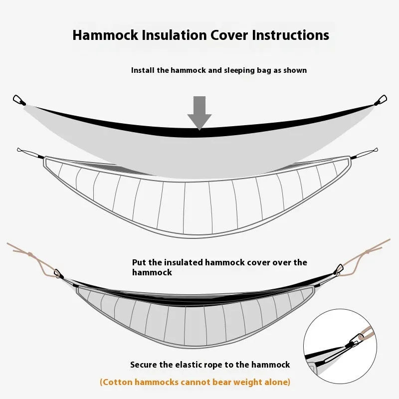 Army green thickened camping hammock sleeping bag with compression bag, shown in an outdoor setting.
